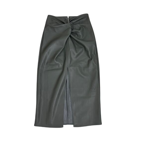 Kirious Faux Leather High Rise Zip Back Festive Olive Green Midi Skirt XS NWT - Picture 2 of 5